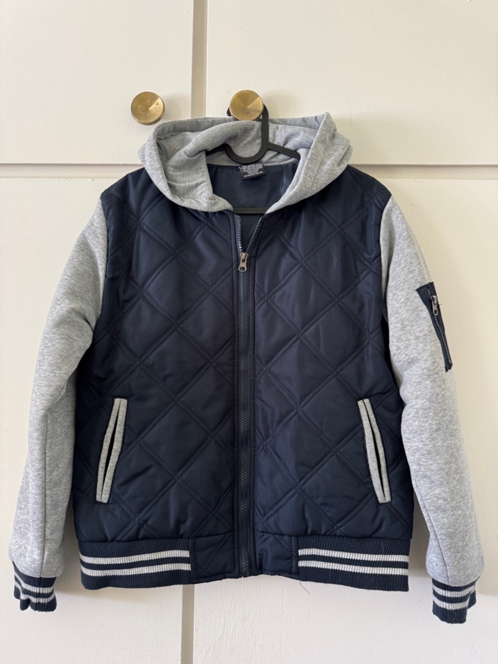 Quilted Navy & Gray Hooded Bomber Jacket